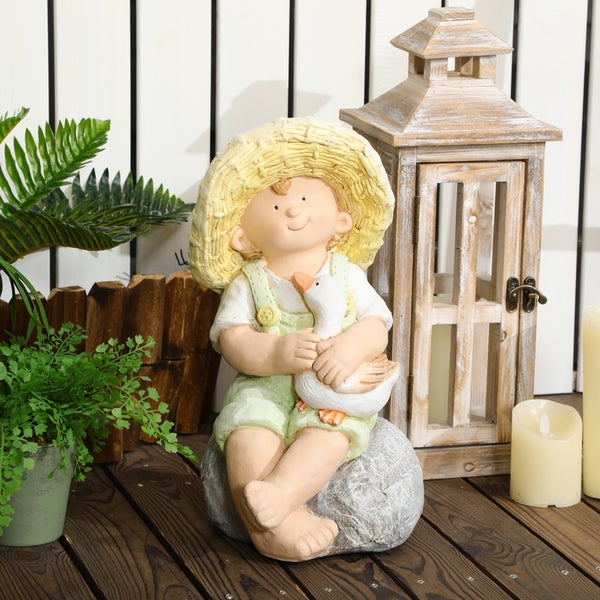 Outsunny Gartenstatue Kleiner Junge mit Strohhut, 43 cm Wetterbeständiges Gartenfigur, Outdoor-Ornament, Gartendeko, Skulptur für Heimdekoration, Garten, Hof