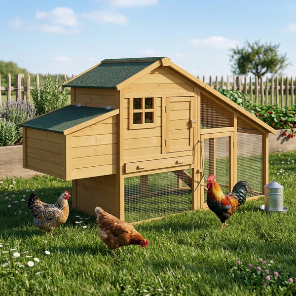 Hühnerstall aus Holz mit integriertem Auslauf, Legenest und grünem Dach in einem Garten mit Hühnern.