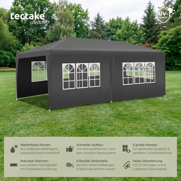 Tectake Garten Partyzelt mit Stahlrahmen und wetterfester Plane, inklusive UV Schutz, 5 Fenstern, Heringen und Spannseilen zur Gartenparty Nutzung.