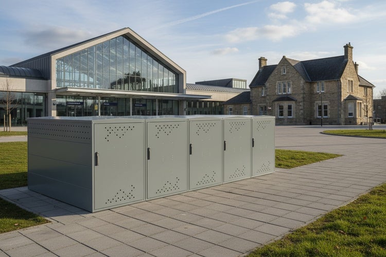 Reihe von Fahrradboxen aus Metall vor einem Gebäude