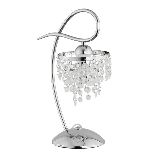 Moderne Tischlampe mit geschwungenem Gestell aus Metall und hängenden Kristallelementen