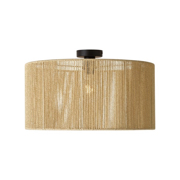 Runde Deckenleuchte mit einem Schirm aus hellem Kordelgeflecht und schwarzer Deckenhalterung im Boho-Stil.