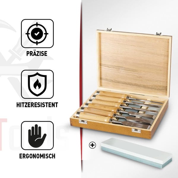 Präzises, hitzeresistentes und ergonomisches 6-teiliges Stechbeitel Set in Holzkiste mit Schleifstein.