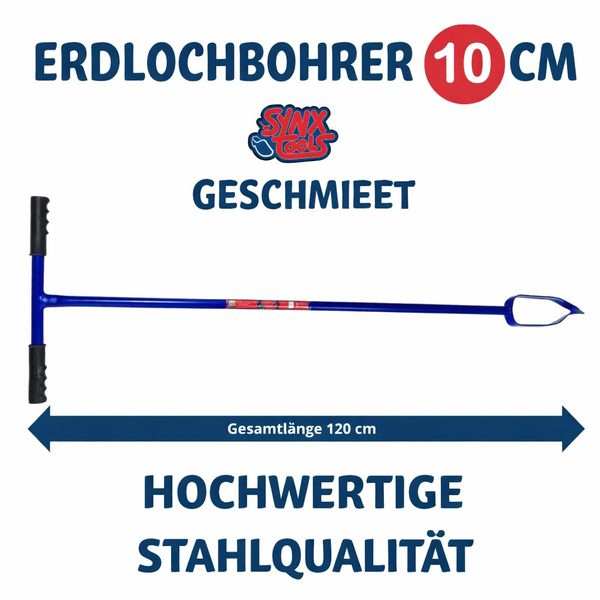 Geschmiedeter Erdlochbohrer von Synx Tools aus hochwertigem Stahl, Durchmesser 10 Zentimeter, Gesamtlänge 120 Zentimeter, Synx Tools Logo.