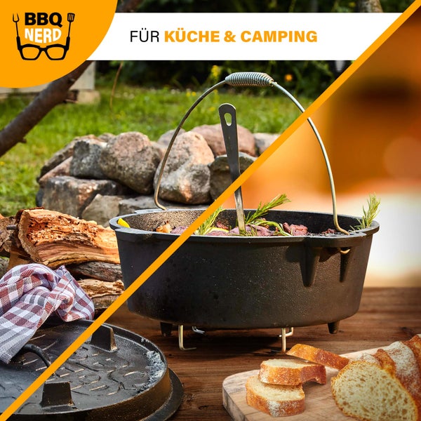 BBQ-Nerd Dutch Oven Professional 7,3L mit Füßen | bereits eingebrannt - preseasoned | Gusseisen Feuertopf mit Deckel und integr. Bratpfanne | Feuerfester Grill & Camping Kochtopf inkl. Deckelheber