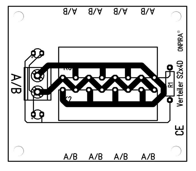 Technische Zeichnung der ONPIRA Verteiler S2x4D Leiterplatte mit Anschlüssen und Schaltkreisdesign für elektrische Installationen.