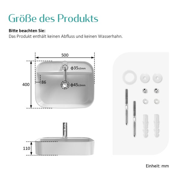 EMKE Aufsatzwaschbecken 500x400 mm, Keramik, Eckiger Waschtisch mit Hahnloch, Pflegeleicht, für Wand- oder Aufsatzmontage, Glänzend Weiß, für Badezimmer