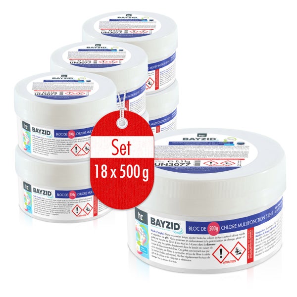 Set mit 18 Behältern Bayzid Multifunktions Chlortabletten à 500 Gramm