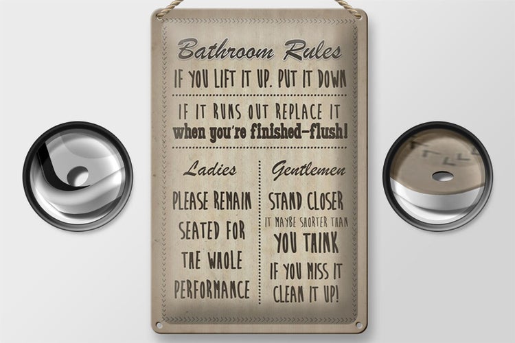 Blechschild Spruch 20x30cm Bathroom Rules Ladies Gentlemen