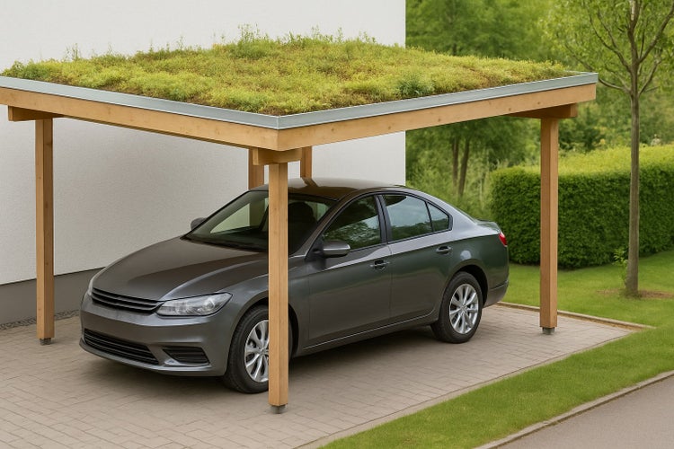 Holzcarport mit grüner Dachbegrünung und einem geparkten Auto.