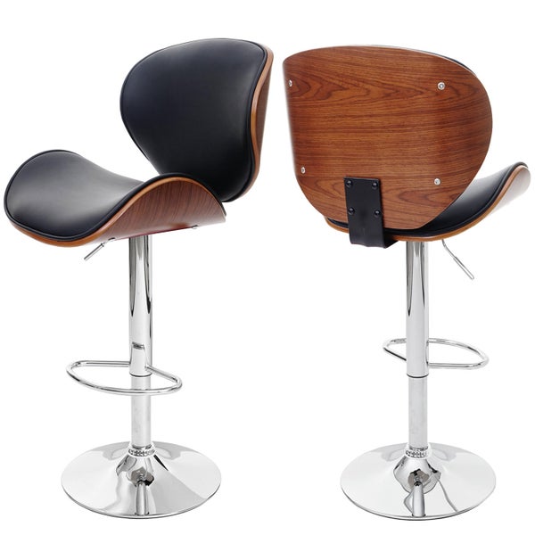 Zwei Barhocker mit Holz, Kunstleder und Chrom
