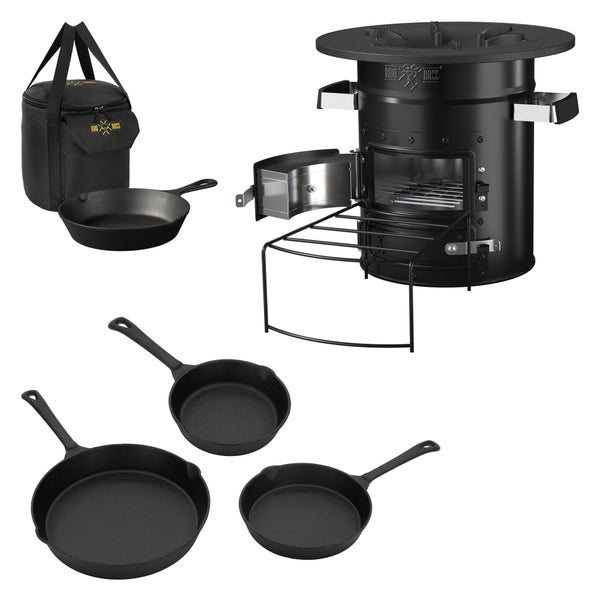 BBQ#BOSS Raketenofen mit Grillpfanne, Tragetasche, Stahl, Schwarz, + 3-tlg. Gusseisen Pfannen Set, Campingkocher Holz Brennholzständer, Doppeltür, Camping BBQ Holzofen, Outdoor, Dutch Oven Raketenherd