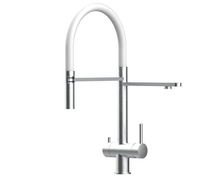 NIEDERDRUCK 3 Wege Wasserhahn Küchenarmatur, Edelstahl Massiv mit 360° schwenkbarem Auslauf, abnehmbare 2 strahl Handbrause, Gebürstet / Weiß