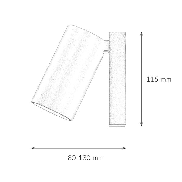 Skizze einer Wandleuchte mit den Maßen 80 bis 130 Millimeter Breite und 115 Millimeter Höhe.