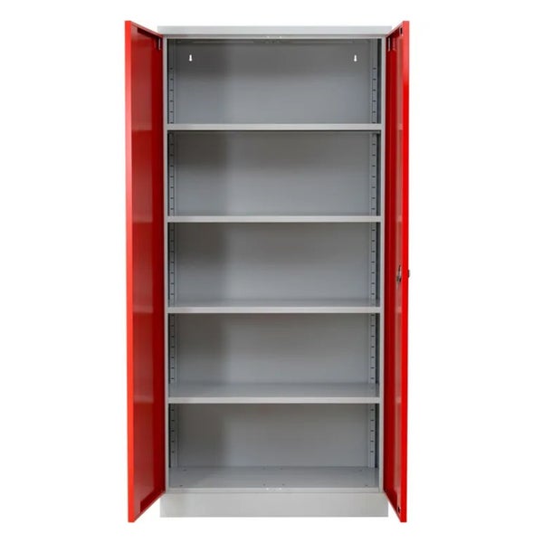 PROREGAL Stahlschrank Bee 7 Fachböden HxBxT 195 x 92 x 42 cm Pulverbeschichtetes Fachbodenmaterial Grau & Rot
