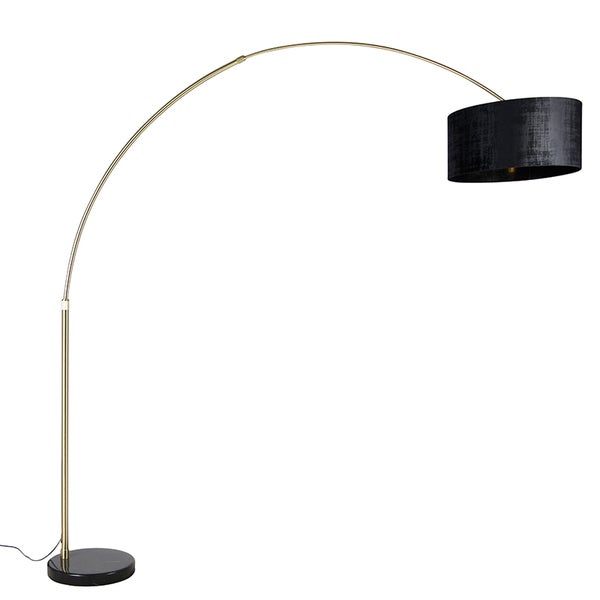 QAZQA - Modern Bogenlampe Messing mit schwarzem Stoffschirm schwarz 50 cm - XXL I Wohnzimmer I Schlafzimmer - Stahl Länglich - LED geeignet E27