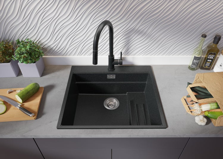 PRIMAGRAN Spülbecken Anthrazit 58x53cm, Granitspüle 1 Becken + Ablauf-Set + Küchenzubehörset, Küchenspüle ab 60er Unterschrank - Oslo Max