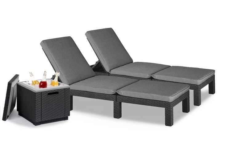 Allibert Daytona Rattanoptik Sonnenliege 2er Pack mit Ice Cube – UV- & Wetterbeständige Poolliege, Gartenliege - Inklusive Premium-Polsterauflage