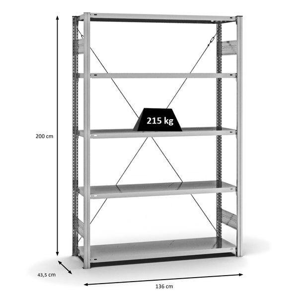 PROREGAL Fachbodenregal Stecksystem T-Profil Medium-Duty Grundregal HxBxT 200 x 130 x 40 cm 5 Ebenen Fachlast 215 kg Einseitig Nutzbar Verzinkt