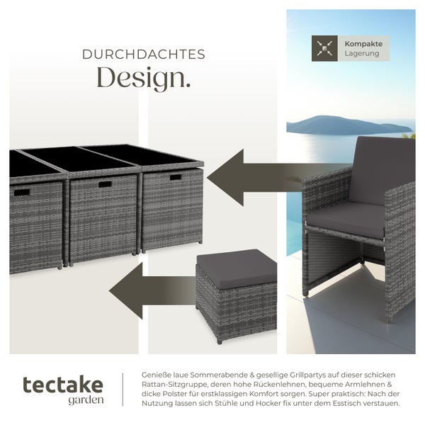 Rattan Sitzgruppe tectake New York 2 Bezugssets, zusammenschiebbar, inklusive Schutzhülle mit Aluminiumgestell grau