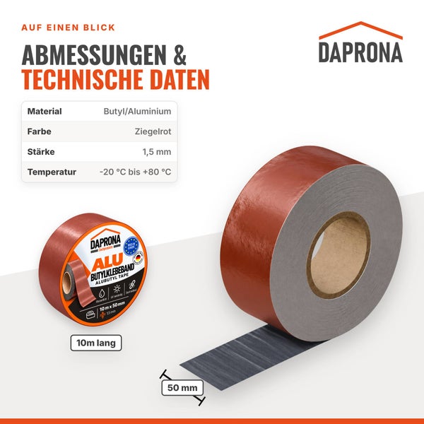 Daprona Butyl Aluband in Ziegelrot mit 1,5 Millimeter Stärke, 10 Meter Länge und 50 Millimeter Breite für Abdichtungen im Dachbereich.