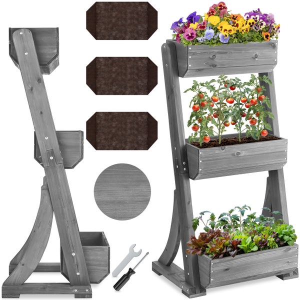 Dreistöckiges Hochbeet aus grauem Holz für Blumen, Tomaten und Kräuter inklusive Werkzeug und Pflanzeinsätzen.
