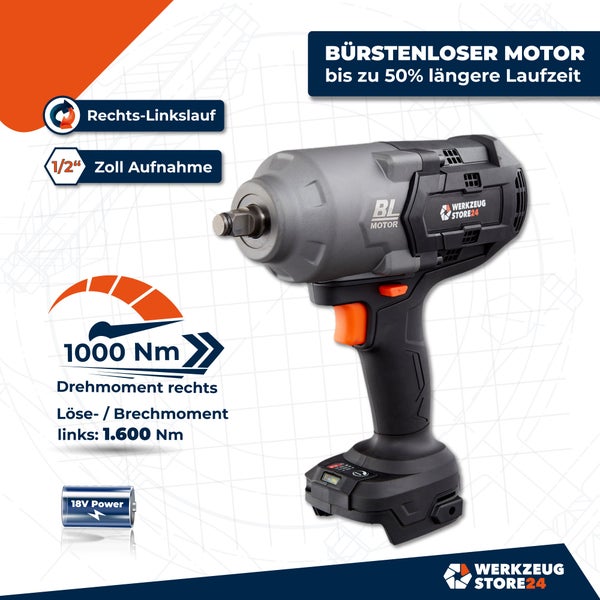Werkzeugstore24 Akku-Schlagschrauber mit Rechts-Linkslauf, 1/2-Zoll Aufnahme, bürstenlosem Motor, 1000 Newtonmeter Drehmoment rechts und 1600 Newtonmeter Lösemoment links