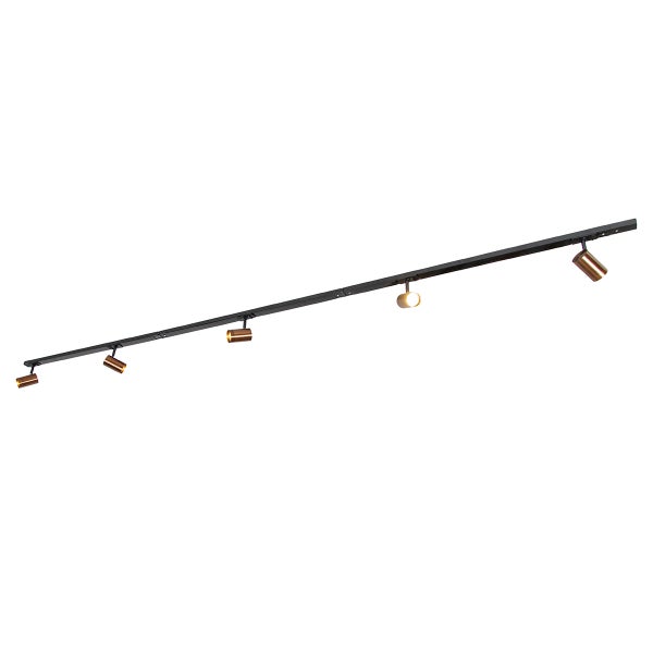 Schienensystem mit fünf verstellbaren Strahlern in Schwarz und Bronze.