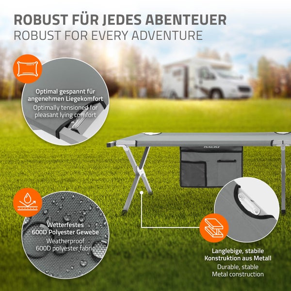 Hauki Campingbett klappbar, Grau, 210x83x46 cm, XL Feldbett mit Tragetasche, Seitentasche, Metallrohr, Belastbarkeit bis 150kg, Gästebett tragbar, Outdoor, Campingliege stabil, Klappbett für Reisen