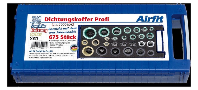 Airfit Profi Dichtungskoffer mit 675 Dichtungen für Sanitär, Heizung, Solar und Gas in einem stabilen Kunststoffkoffer.