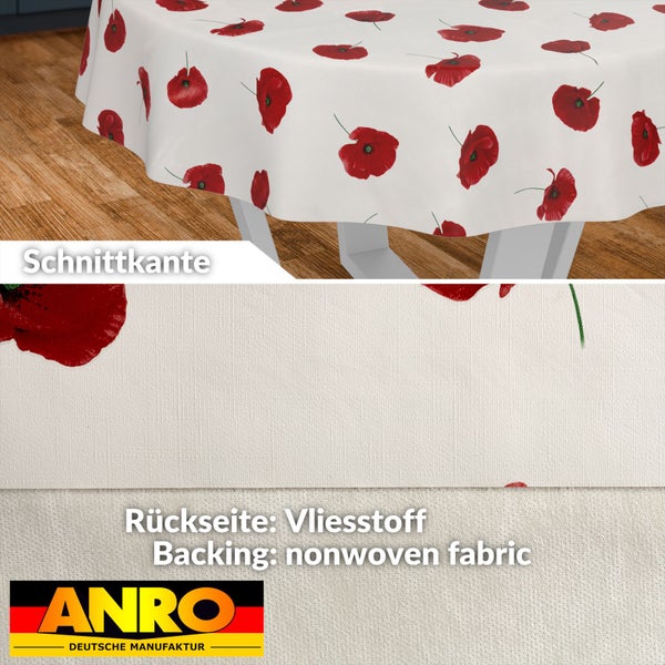Abwaschbare Tischdecke mit Mohnblumen-Muster, Detailansicht der Schnittkante und der Vlies-Rückseite, ANRO Logo.