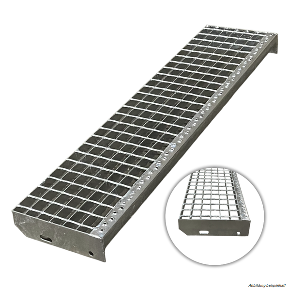 Gitterrost Treppenstufe aus verzinktem Stahl mit rutschhemmender Antrittskante und Seitenplatten