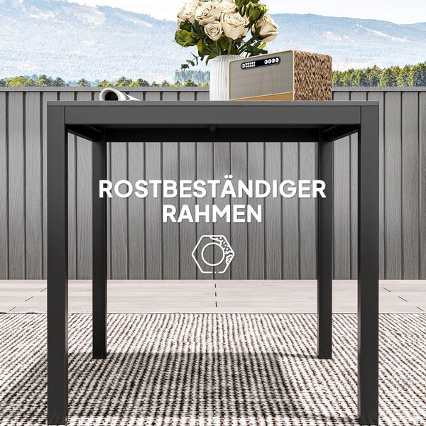 Outsunny Gartentisch Aluminium 73x73 cm Wetterfest Buffettisch mit Holzoptik, Campingtisch für 4 Personen rutschfest Balkontisch Outdoor Esstisch für Garten, Terrasse Balkon Schwarz