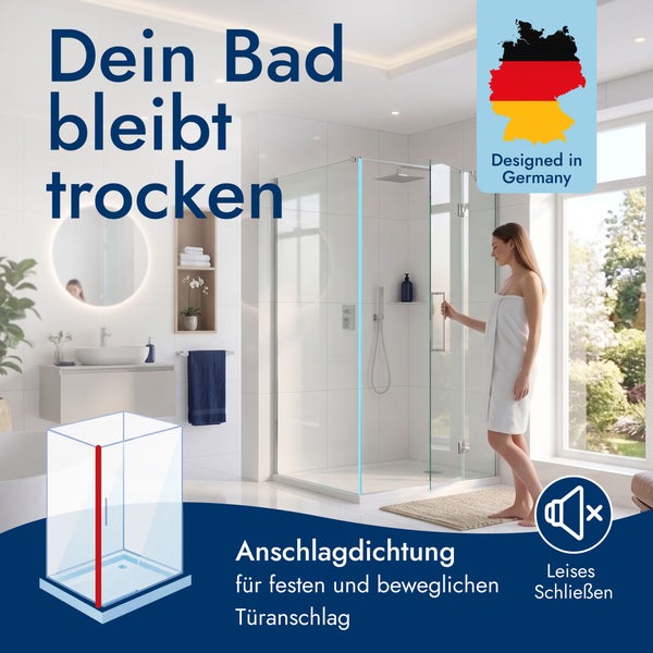Helles, modernes Badezimmer mit Glasduschkabine. Person öffnet Tür. Mit Anschlagdichtung für leises Schließen. Deutsches Design.