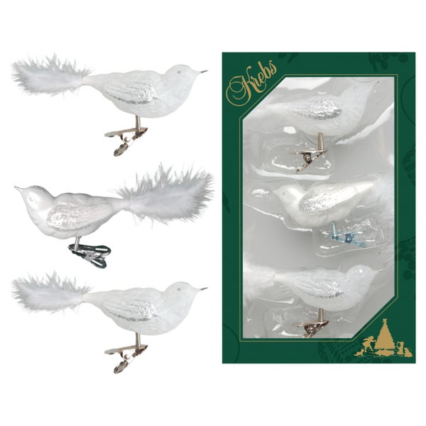 Eislack weiß 11cm Glasvögel auf Clip mit 6cm Federschwanz mundgeblasen und handdekoriert, 3 Stck., Weihnachtsbaumkugeln, Christbaumschmuck, Weihnachtsbaumanhänger