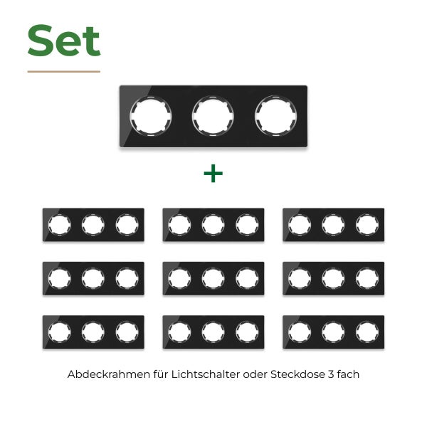 Set aus zehn dreifachen Abdeckrahmen für Lichtschalter oder Steckdosen in rechteckiger Ausführung zur Montage von Schalterprogrammen.
