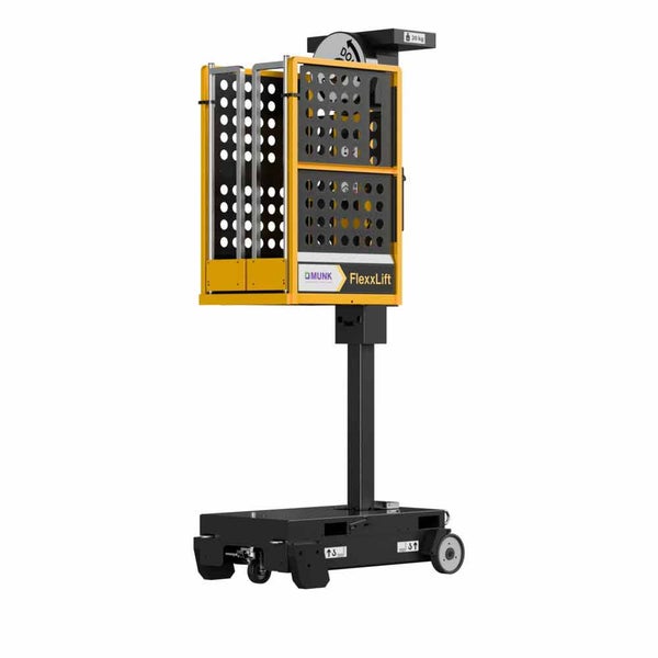 Mobile Hebebühne Munk FlexxLift mit gelbem Sicherheitskorb und schwarzem Teleskopmast auf Rollen.