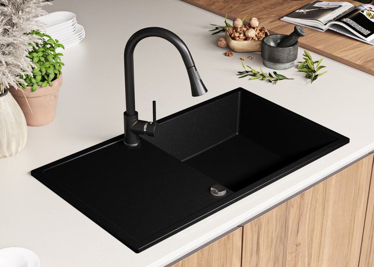 PRIMAGRAN Spülbecken Alles Weiß 86x47cm, Granitspüle 1 Becken + Ablauf-Set + Aufrollbare Abtropffläche, Küchenspüle ab 90er Unterschrank - Praga Slim