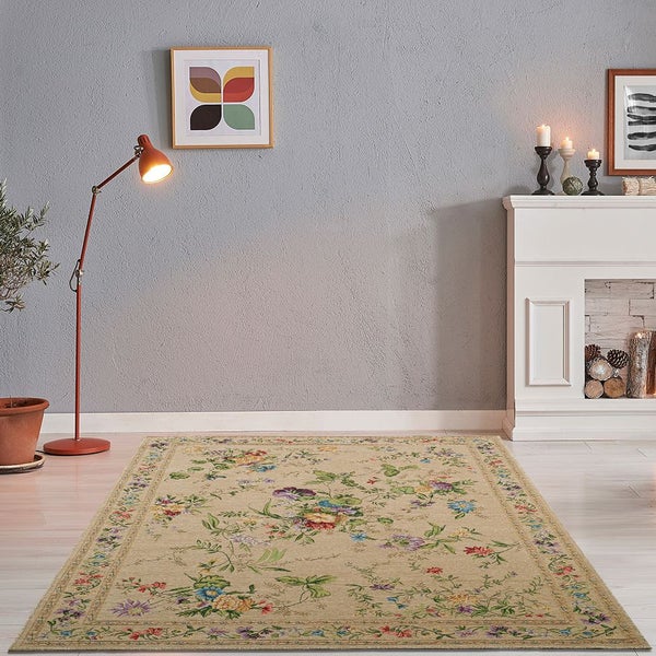 Gewebter Bordürenteppich im floralen Design Flomi Beige 120x170 cm