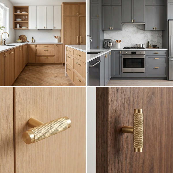 Küchenansicht mit goldenen Knaufgriffen an hellen und dunklen Holzschränken