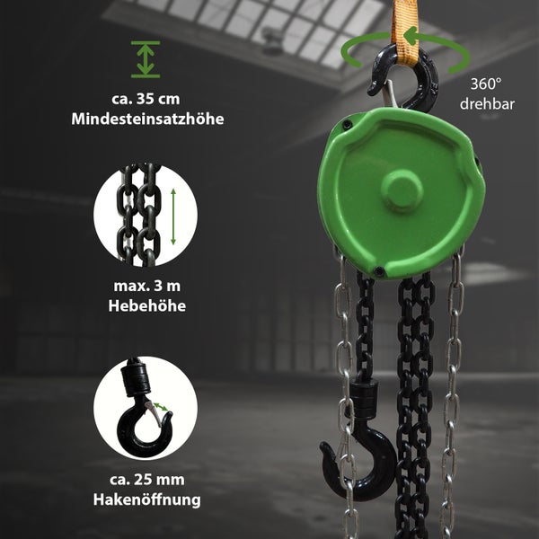 Manueller Kettenzug mit 3 Meter Hebehoehe, 360 Grad drehbarem Haken und einer Mindesteinsatzhoehe von circa 35 Zentimeter.