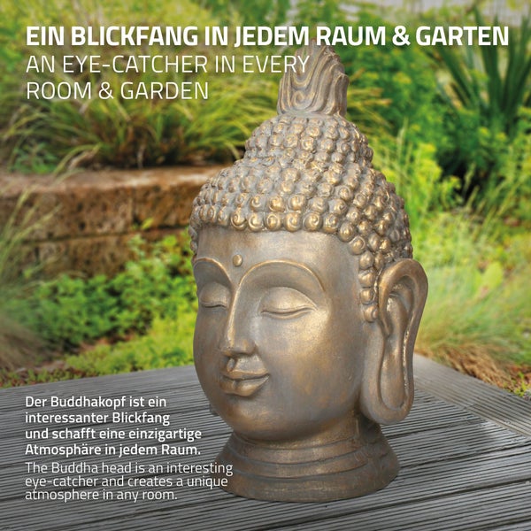 ECD Germany Buddha Figur Kopf Statue 74,5 cm, aus Polyresin, Bronzeoptik, für Yoga, Feng Shui oder Meditationsraum, Haus, Wohnung & Garten, Innen/Außen, Dekoration Deko Skulptur Dekofigur Gartenfigur