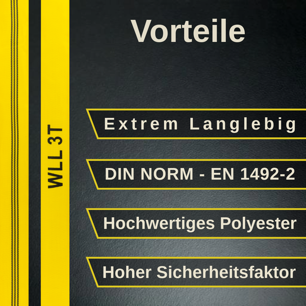Vorteile einer Hebeschlinge: 3 Tonnen Tragkraft, extrem langlebig, entspricht DIN EN 1492-2, hochwertiges Polyester, hoher Sicherheitsfaktor.