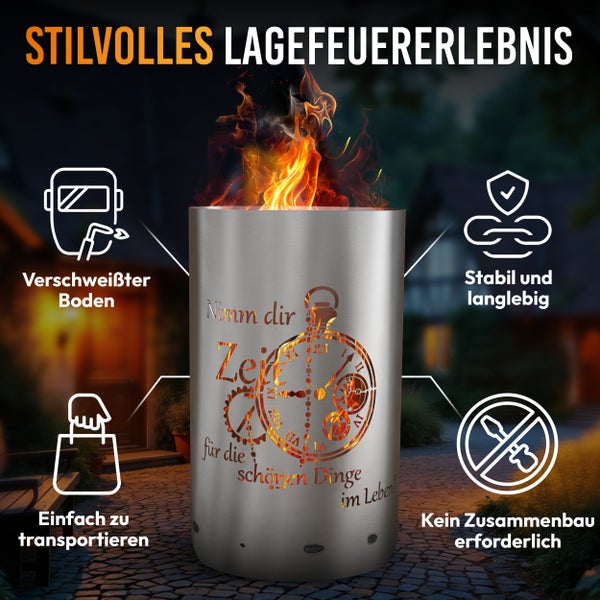 Feuerstelle aus Metall mit Aussparungen und Symbolen für Stabilität, Transport und einfache Montage