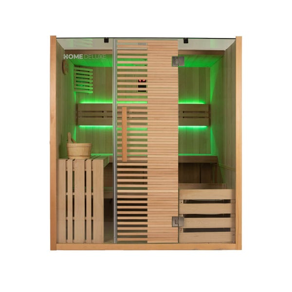 Home Deluxe Infrarotkabine aus Holz mit verglaster Front, LED Beleuchtung und Holzeinrichtung, Vorderansicht.