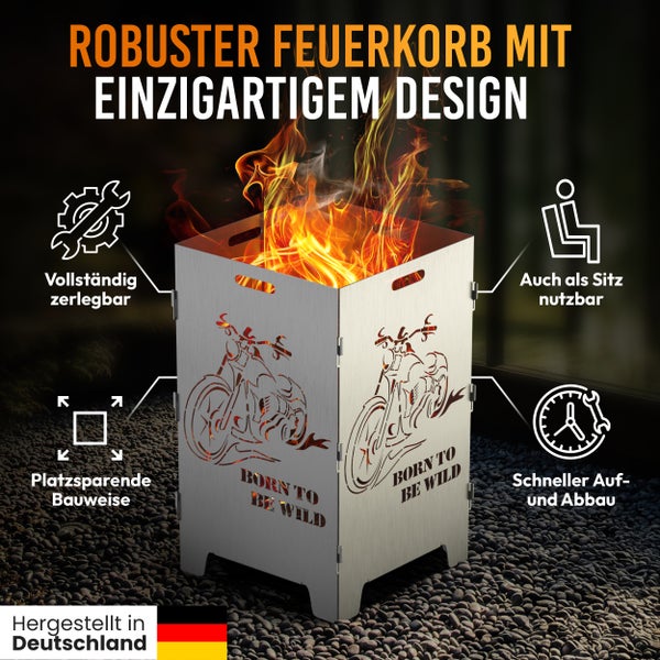 Feuerkorb aus Stahl mit Motorradmotiv und dem Schriftzug Born to be wild.