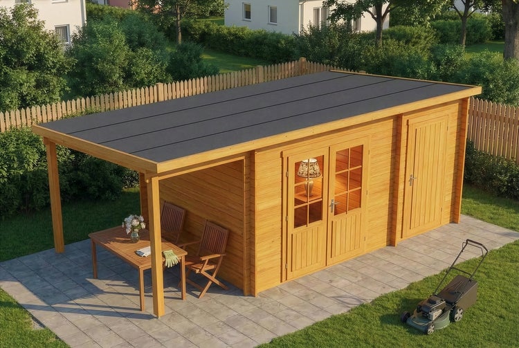 Modernes Gartenhaus aus Holz mit Flachdach, Doppeltür mit Fenstern und integriertem Vordach auf einer Terrasse im Garten.
