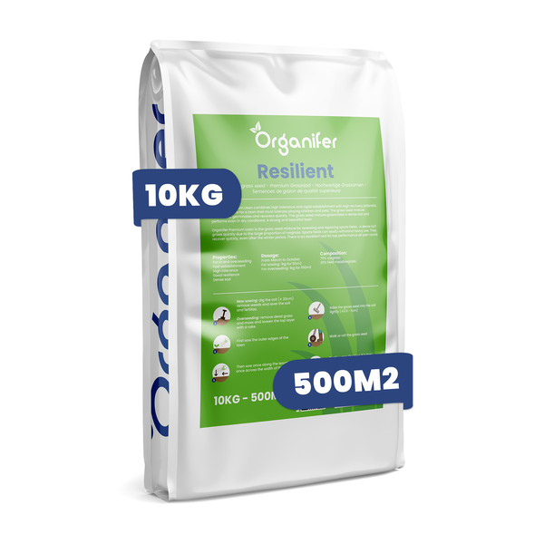 Organifer Resilient Rasensamen, 10 Kilogramm Packung für circa 500 Quadratmeter, strapazierfähige Grasmischung.