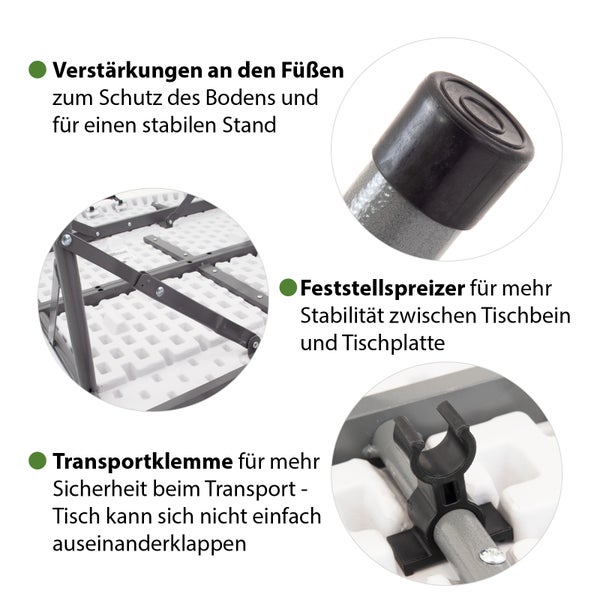 Detailansicht der Produktmerkmale eines Klapptisches: Fußschoner, Feststellspreizer und Transportklemme für Stabilität und Sicherheit.