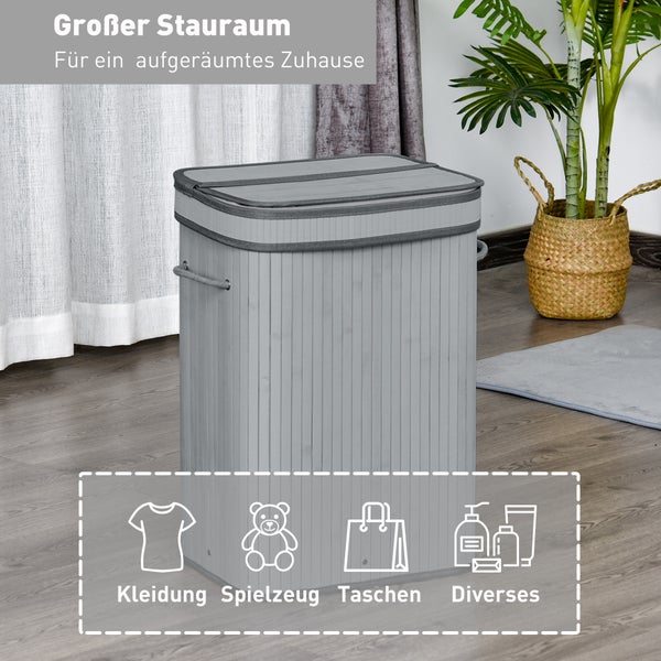 HOMCOM Bambus Wäschekorb schmal mit Deckel 70 L Wäschesammler mit Griffen, herausnehmbarer Wäschesack, Laundry Baskets für Waschküche Schlafzimmer Badezimmer Grau